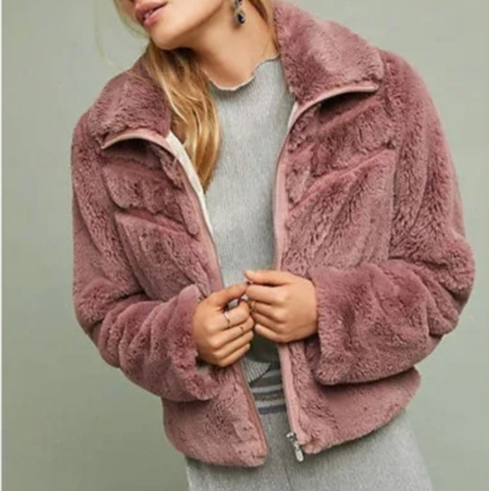 Anthropologie Plush Faux Fur Jacket in Mauve